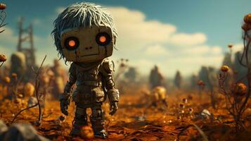 Foto av söt zombie unge robot öken- i bakgrund generativ ai