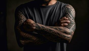 självsäker, modern man med en muskulös bygga och elegant tatuering genererad förbi ai foto
