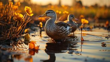 natur skönhet reflekterad i de lugn damm, ankor graciöst quacking genererad förbi ai foto