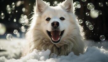 en lekfull valp i de snö, njuter de vinter- sagoland genererad förbi ai foto