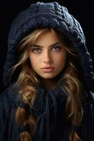 mysigt och eleganta fängslande bild av en flicka med vit gyllene hår blå öga i vinter- klädsel och keps generativ ai foto