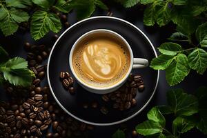 listig aromater kaffe kopp fångad med blad och utsäde detaljer formad förbi generativ ai foto