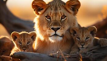 lejoninna, solnedgång, safari, familj, Valp, vilda djur och växter, vildmark, gräs, jägare genererad förbi ai foto