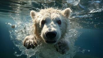 en våt hund simmar under vattnet, stänk i de krusningar genererad förbi ai foto
