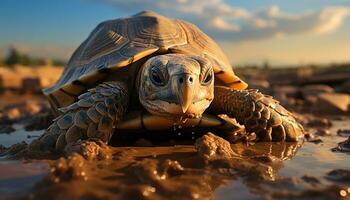en långsam sköldpadda kryper i de sand, dess skal blänkande genererad förbi ai foto