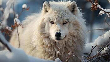 fluffig hund i vinter- skog, en söt, renrasig valp ylande genererad förbi ai foto