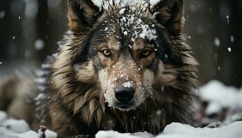 en söt snö hund i vinter, ser på kamera lekfullt genererad förbi ai foto