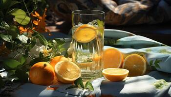 friskhet av natur, citrus- frukt på trä- tabell, friska äter genererad förbi ai foto