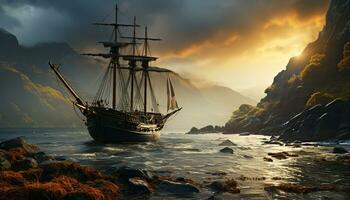 segling fartyg segel på vågor, natur solnedgång, vatten resa äventyr genererad förbi ai foto