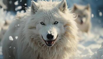 söt samojed valp löpning i de snö, lekfull och förtjusande genererad förbi ai foto