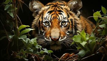 majestätisk bengal tiger döljer i frodig regnskog, stirrande med aggression genererad förbi ai foto