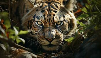 majestätisk bengal tiger stirrande, vild skönhet i natur, stänga upp porträtt genererad förbi ai foto