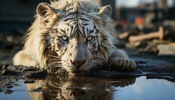 majestätisk tiger, våldsam blick, vild skönhet, natur endangered mästerverk genererad förbi ai foto