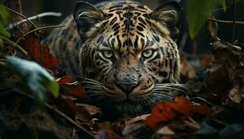 majestätisk bengal tiger, vildkatt gömmer sig, stirrande på kamera, lugn scen genererad förbi ai foto