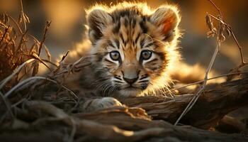 ung bengal tiger dölja i gräs, stirrande på kamera, lugn scen genererad förbi ai foto