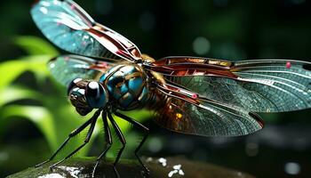 vibrerande färger av natur insekt vinge, djur- öga, grön blad genererad förbi ai foto