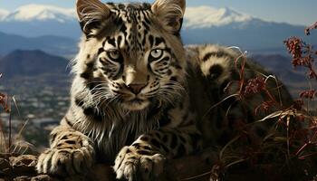 majestätisk tiger, randig skönhet, vildkatt i natur, ser på kamera genererad förbi ai foto