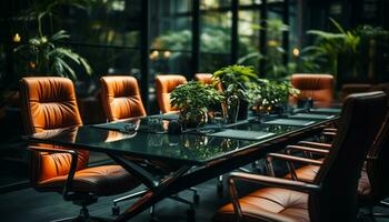 modern kontor med bekväm stolar, glas fönster, och grön växter genererad förbi ai foto