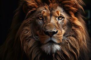 manlig lejon kung med gyllene krona på svart bakgrund. fantasi illustration. generativ ai foto