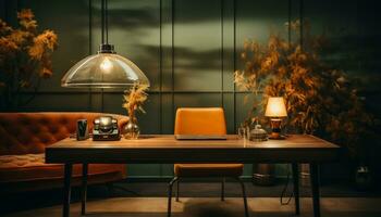 modern lägenhet med elegant dekor, bekväm stol, och upplyst skrivbord genererad förbi ai foto
