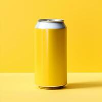 gul aluminium burkar isolerat på gul bakgrund. attrapp för soda vatten, mjuk drycker begrepp, öl. generativ ai innehåll foto