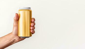 en hand innehar en gul färgad metall kan för drycker isolerat på en vit bakgrund. generativ ai innehåll foto
