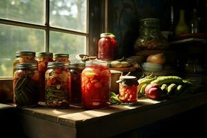 konservering och jäsning av grönsaker. inlagd gurkor och tomater i burkar i en ljus kök nära de fönster generativ ai innehåll, foto