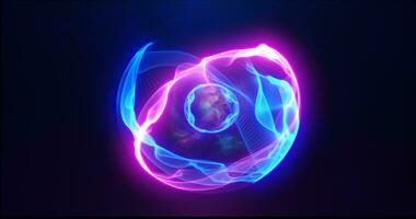 blå lila energi sfär med lysande ljus partiklar, atom med elektroner och elektriska magi fält vetenskaplig trogen hi-tech abstrakt bakgrund foto