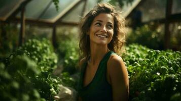 skön ung kvinna i en växthus eller vinterträdgård med grön växter. begrepp jordbruk naturlig eco miljömässigt vänlig Produkter foto
