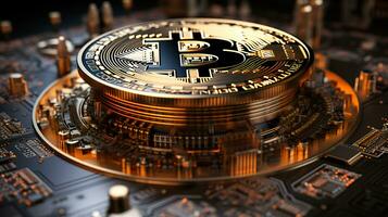 bitcoin kryptovaluta guld mynt på en dator chip för brytning foto