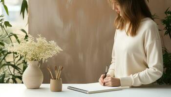 kvinna skrivning i spiral anteckningsbok i modern beige rum med växter ai genererad foto