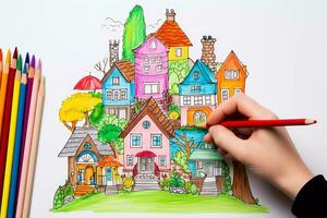 ai generativ händer teckning familj och hus med färgad pennor. kreativ aktivitet för barn. barn teckning. foto