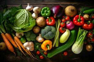 mat bakgrund med sortiment av färsk organisk grönsaker på mörk trä- bakgrund. topp se. ai genererad. foto