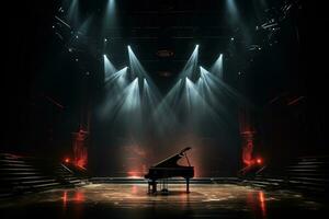 de piano är i de Centrum av de skede i de ljus av de strålkastare. musikalisk prestanda foto