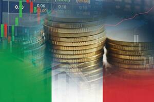 stock marknadsföra investering handel finansiell, mynt och Italien flagga , finansiera företag trend data bakgrund. foto