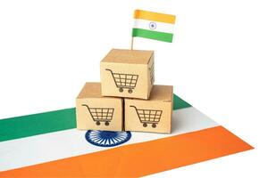 låda med handla uppkopplad vagn logotyp och Indien flagga, importera exportera handla uppkopplad eller handel finansiera leverans service Lagra produkt frakt, handel, leverantör begrepp. foto