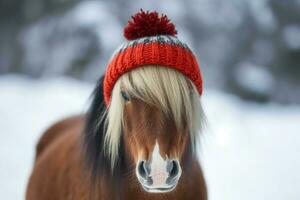 ponny röd hatt vinter- säsong. generera ai foto