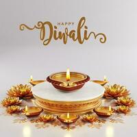 3d tolkning för diwali festival diwali, deepavali eller dipavali de festival av lampor Indien med guld diya mönstrad på Färg bakgrund. foto