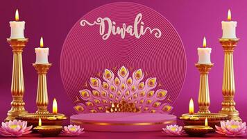 3d tolkning podium för diwali festival diwali, deepavali eller dipavali de festival av lampor Indien med guld diya på podium, produkt, befordran försäljning, presentation piedestal 3d tolkning på bakgrund foto