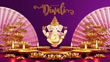 3d tolkning för diwali festival diwali, deepavali eller dipavali de festival av lampor Indien med guld diya mönstrad på Färg bakgrund. foto