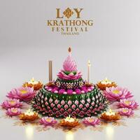 3d tolkning illustration loy krathong festival och yi peng festival i thailand krathong från banan löv, blommor, ljus och rökelse pinnar, fullmåne, flod, och natt bakgrund Färg. foto