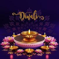 3d tolkning för diwali festival diwali, deepavali eller dipavali de festival av lampor Indien med guld diya mönstrad på Färg bakgrund. foto