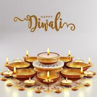 3d tolkning för diwali festival diwali, deepavali eller dipavali de festival av lampor Indien med guld diya mönstrad på Färg bakgrund. foto