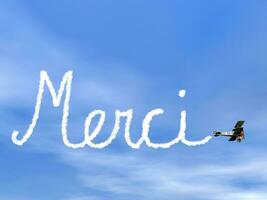 merci, franska tacka du meddelande, från biplan rök - 3d framställa foto