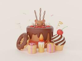 födelsedag kaka för firande fest, munk, gåva låda, cupcake, Lycklig födelsedag, 3d illustration foto