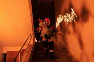 modig brandman sänker sig trappa av en brinnande byggnad och innehar sparade flicka i hans vapen. öppen brand och ett brandman i de bakgrund. foto