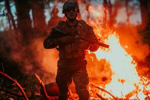 soldat i verkan på natt i de skog område. natt tid militär uppdrag Hoppar över brand foto