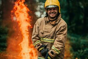 brandman på jobb. brandman i farlig skog områden omgiven förbi stark brand. begrepp av de arbete av de brand service foto