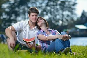 Lycklig ung par har en picknick utomhus- foto