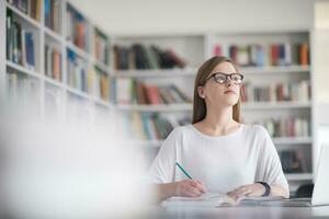 kvinna studerande studie i skola bibliotek foto